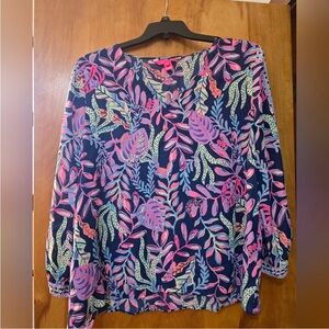 Lilly Pulitzer Navy and Pink Leaf Print Blouse